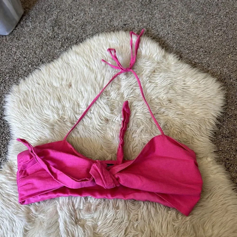 Nasty Gal Top Women's 4 Pink Tie Front Spaghetti Strap Cropped 100% Cotton